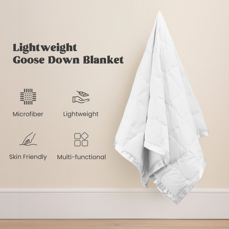 Goose Feather Fiber & Down Blanket, All-Season Bedding Comforter with Satin Trim - Soft Breathable Shell - for Layering - Machine Washable