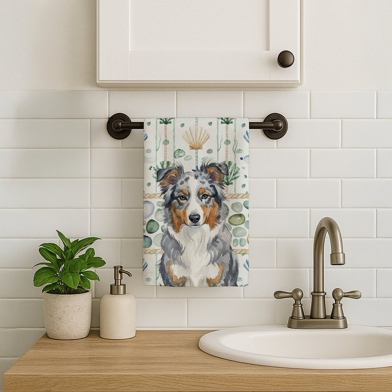 Blue Merle American Shepherd Coastal Sea Glass Kitchen Towel, Blue Merle American Shepherd