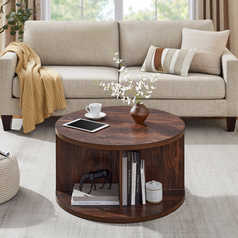 Round Coffee Table with 4 Open Compartments for Storage, Dark Walnut