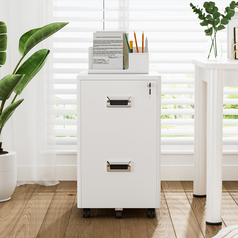 Ecobet Metal 2 -Drawer Mobile File Cabinet Office Storage Cabinet with Lock, White