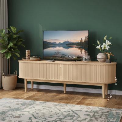 Oak-Colored 70-Inch Recessed TV Stand, Compatible With Tvs Up To 80 Inches. Mid-Century Modern + Farmhouse Style. Features Storage Sliding Doors. Suitable For Living Rooms And Bedrooms.