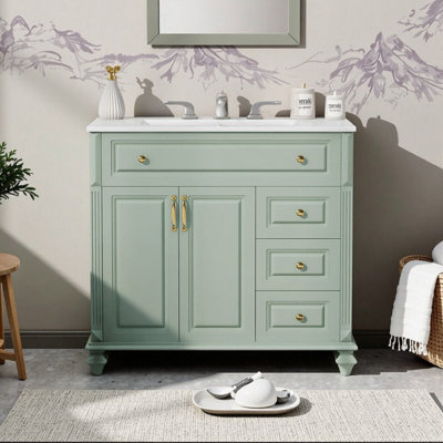 Meuble-lavabo de 36 po en bois massif et panneau de fibres à densité moyenne avec lavabo, armoire autoportante avec portes et tiroir rabattable
