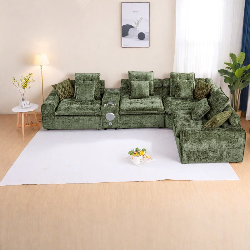 Canapé d'angle moderne et spacieux avec rangement, canapé modulaire en boucle verte pour la maison, Vert