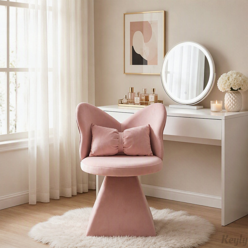 Fauteuil de coiffeuse pivotant avec dossier papillon et velours chenille, Dark Blue Chenille