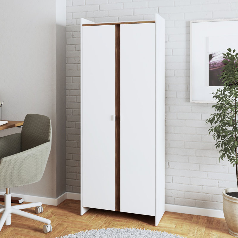 Ratzer 28'' Wide Mid-Century Modern 11-Shelf Storage Cabinet in Brown and White, White