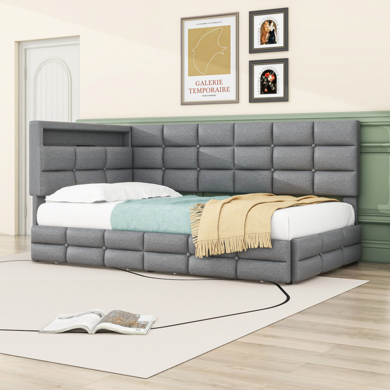 Twin Upholstered Daybed with 2 Drawers and LED Lights, Gray
