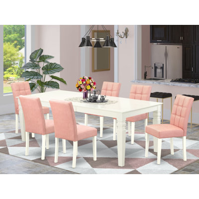 7 Piece Dining Table Set consists of a wooden table and 6 Beige Red Polyester Fabric Parson Dining Chairs with Stylish Back- Linen White Finish