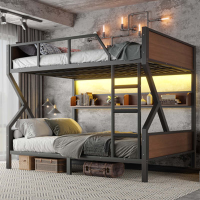 Queen Over Queen Metal Bunk Bed With Storage Shelves And LED Lights, Space-Saving & Noise-Free Design
