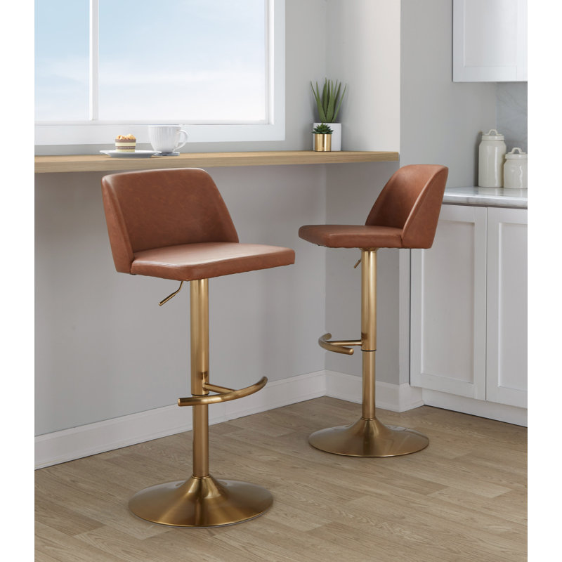 Swivel Upholstered Adjustable Height Counter Stool with Metal Frame, Gold, Camel