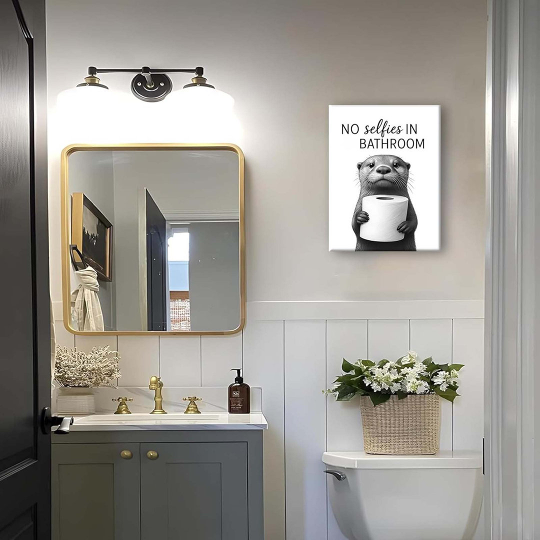 Funny Bathroom Canvas Wall Art Cute Otter Wall Decor Bathroom Animal Poster Print Funny Otter Holding Toilet Paper Drawing Picture Artwork