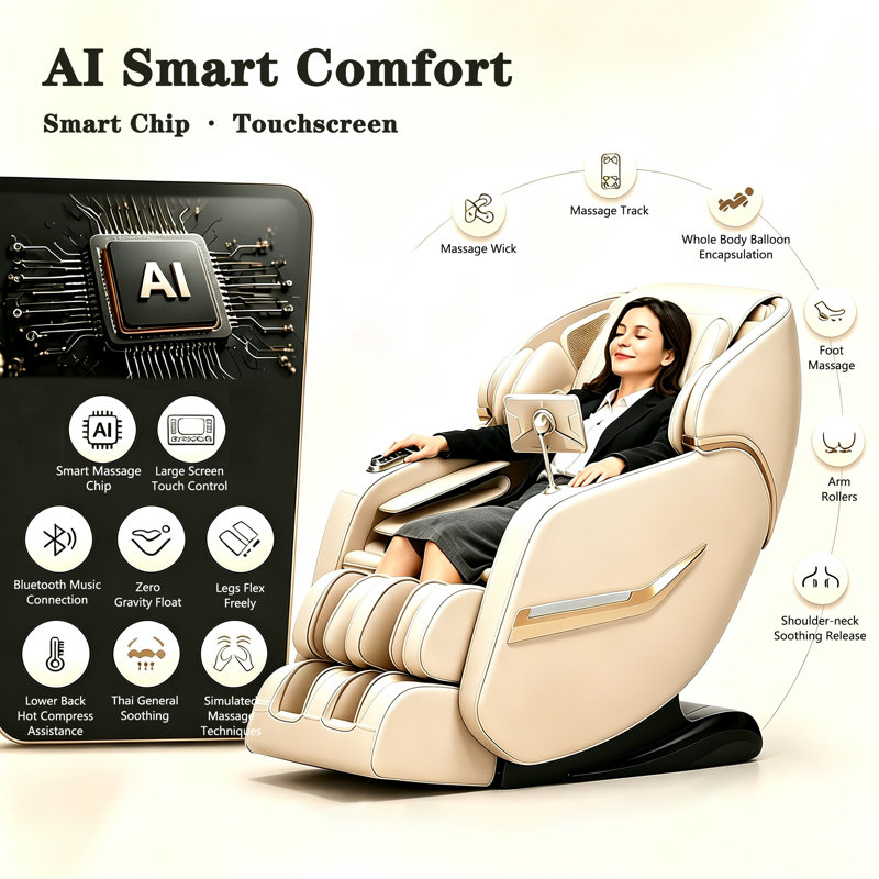 Fauteuil de massage 4D pour tout le corps, inclinable sur rail SL avec massage par percussion et pétrissage, fonction chauffante, 5 techniques de massage à haute vitesse, position zéro gravité à 3 vitesses, repose-pieds extensible, connexion Bluetooth et écran tactile de commande
