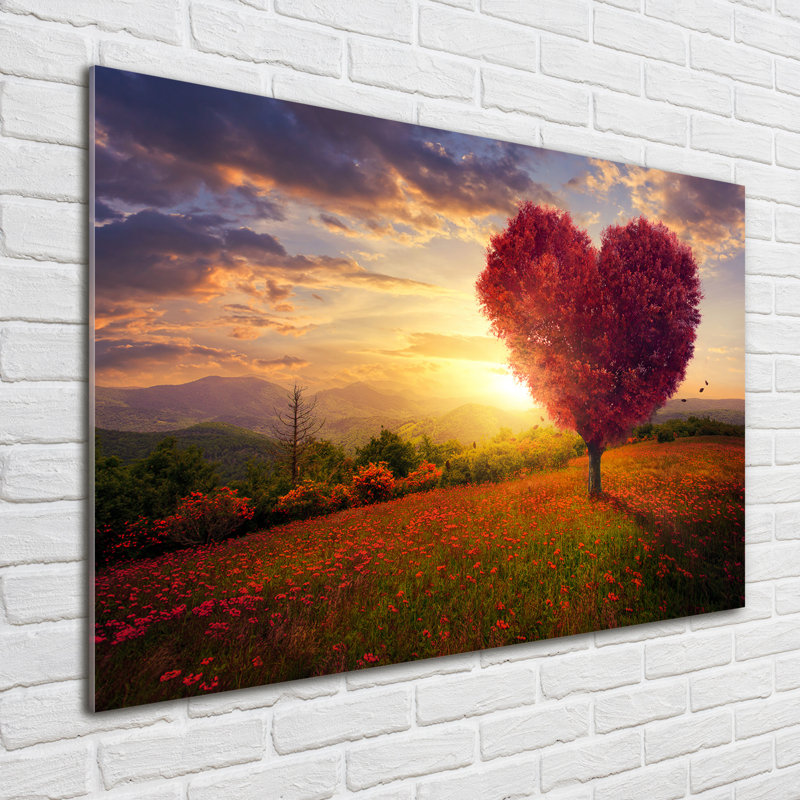 Glass Print Wall Art 100X70cm Image Printed On Glass Decorative Wall Picture Behind Toughened / Tempered Safety Real Glass For Kitchen & Living Room Theme:Tree Field Heart