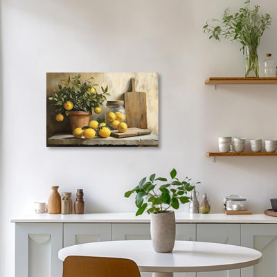 Lemon Wall Art Vintage Kitchen Pictures Yellow Lemon Tree Canvas Print Citrus Fruit Painting Rustic Still Life Poster Dining Room Decor Framed (Brown, 16L X 24W)