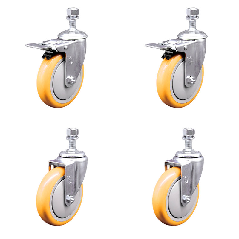 Ensemble de roulettes à tige filetée 5 pouces en polyuréthane jaune de 12 mm avec 2 verrous
