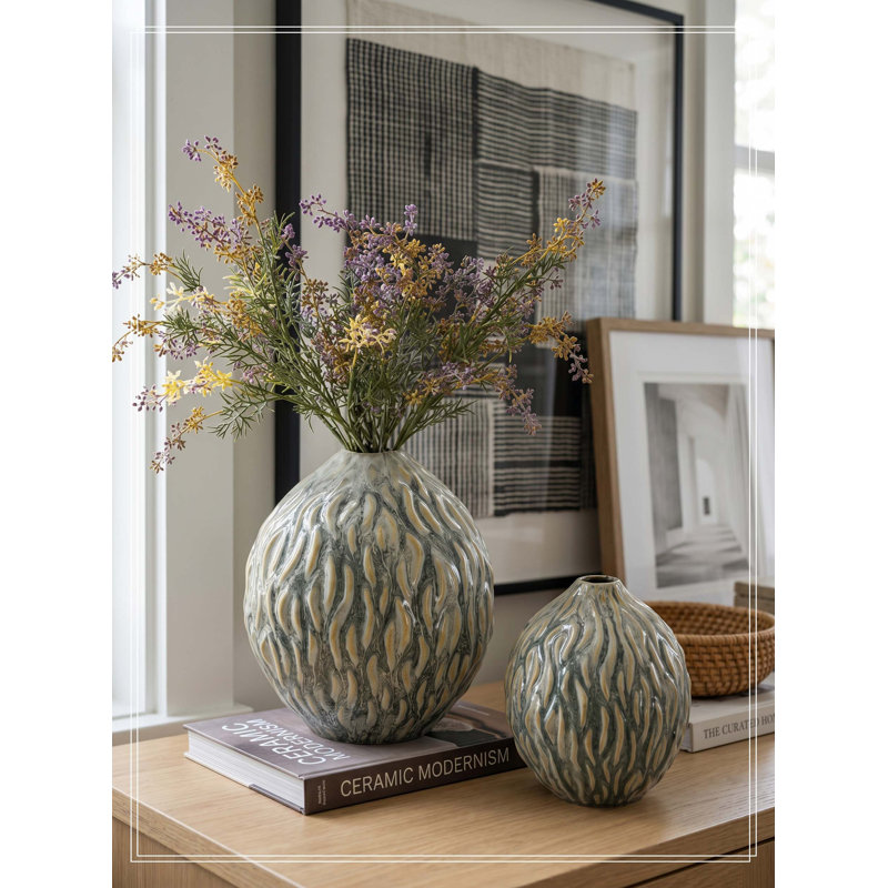 Vase décoratif en céramique marbré D8,5 x 9,8 po - Ambre et gris anthracite