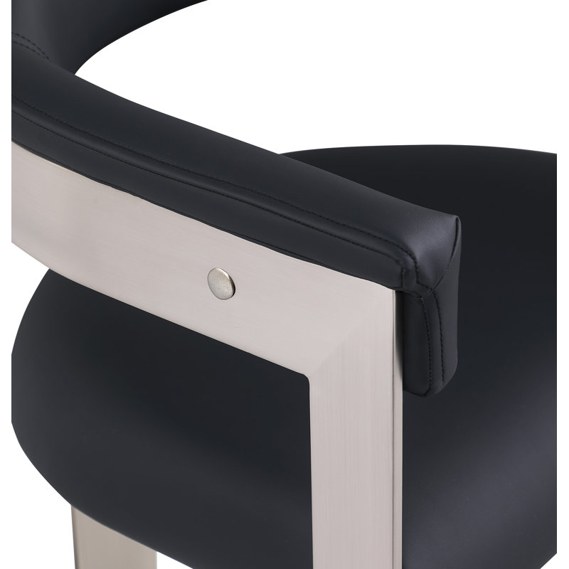 Romeo Finished Upholstered Back Arm Chair, Black Vegan Leather, Brushed Chrome
