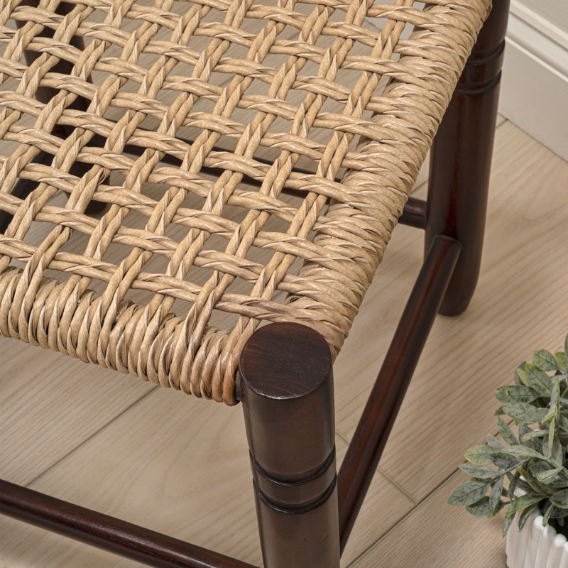 Tabouret d'appoint de patio intérieur / extérieur en bois de teck fabriqué à la main et en rotin synthétique sans dossier 15,75 po Columnar Coastal, brun clair et brun foncé