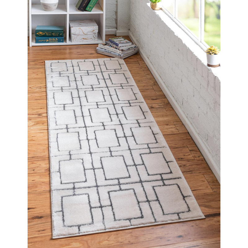Glam Geometric White Silver Area Rug, Runner 2' x 6'1"
