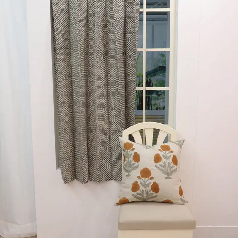 Black Handmde Block Print Semi Sheer Pleated Curtain Artisan Interior Design Curtain for Boho Home Decor, 27" W x 90" L