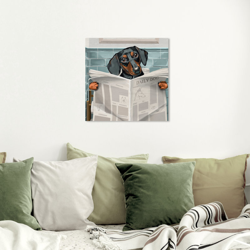 «Occupied Bathroom Doxie - impression d'art graphique, Toile tendue, H 40 po x l 40 po x P 1,5 po
