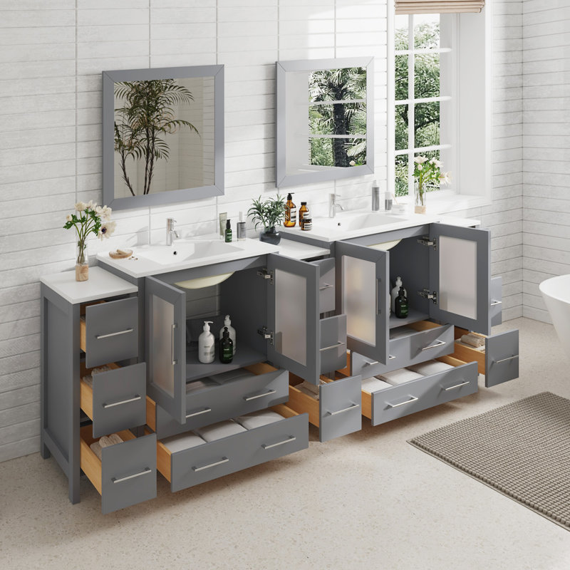  Modern 96" Double Bathroom Vanity Set with Mirror, Gray