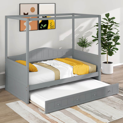 Lit de jour à baldaquin en bois simple avec lit gigogne simple, lit à baldaquin en bois avec dossier intégré pour adultes, enfants et adolescents