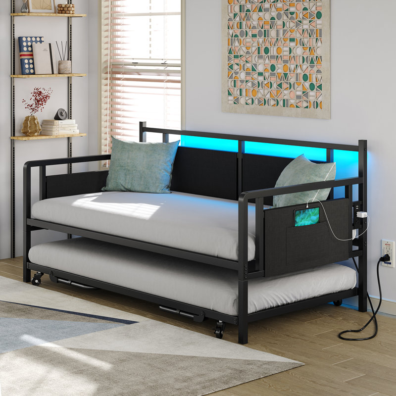 Merrylee Daybed with Pop Up Trundle,Metal Twin Daybed with Charging Station and LED Lights,Guest Bed with Storage for Adults