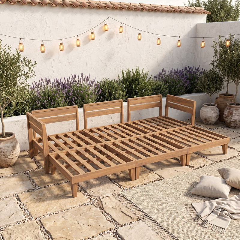 Ensemble de canapé modulaire d'extérieur en bois 6 pièces avec 3 repose-pieds, 6 coussins et 5 coussins