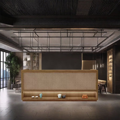 Bar Counter Service Desk with Dual Countertops, Wine Storage, Lockable Drawers, and Cabinet Storage by KPXU Bar Counter