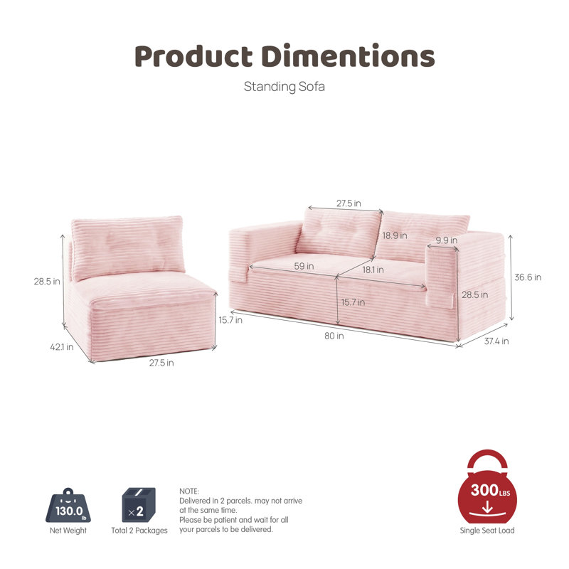 Canapé-lit convertible de 203 cm avec revêtement en velours côtelé moelleux et méridienne, Rose