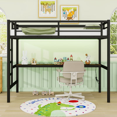 Metal Loft Bed With Charging Station And LED Lights And Built-In Desk