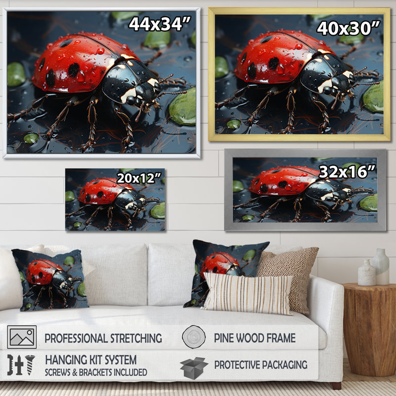 Curious Ladybug Crimson Serenity I - impression, Cadre simple noir, H 30 po x l 40 po x P 1,5 po