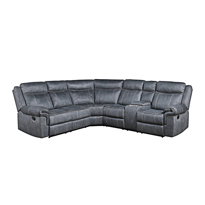 Canapé modulaire inclinable manuel bicolore avec port USB et porte-gobelet Dollum, Similicuir gris