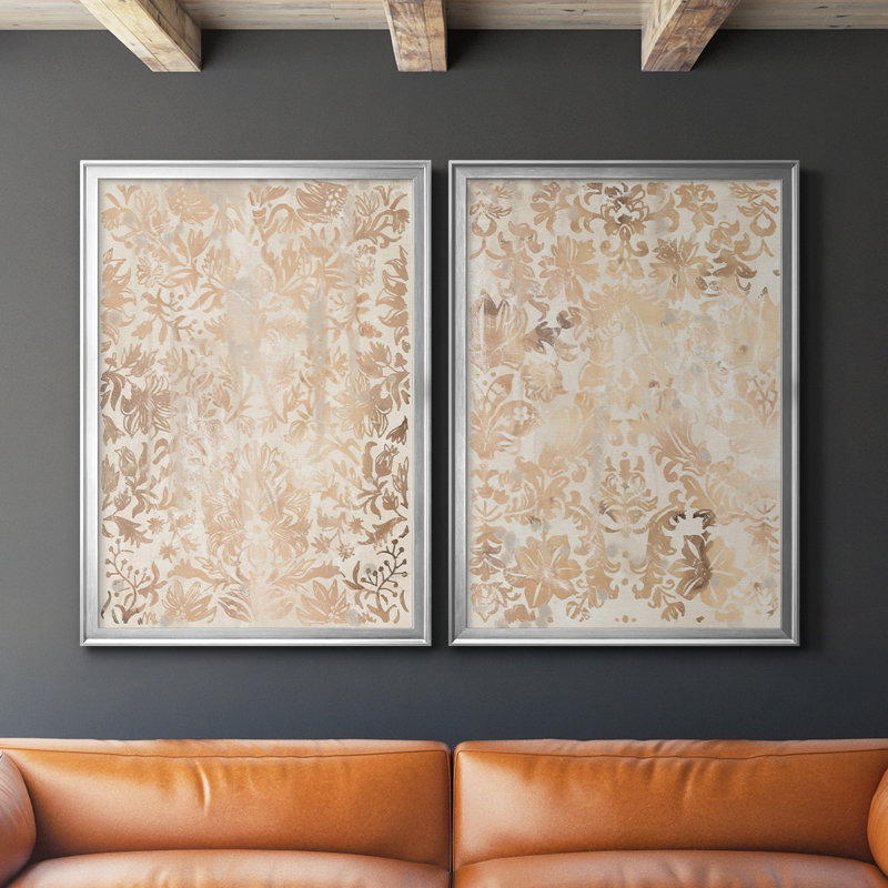 Toile encadrée noyer damassé I de qualité supérieure - prête à être accrochée, Argent, H 30,5 po x l 45 po