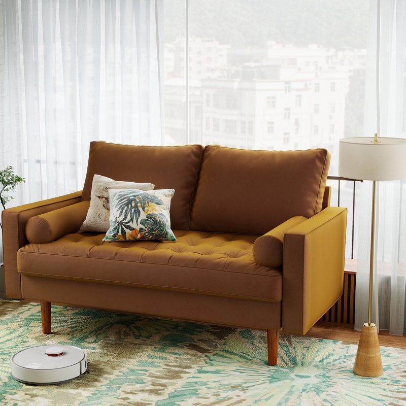 Bellinger 58" Velvet Square Arms Tufted Seat Golden Metal Feet Loveseat, Ginger Velvet