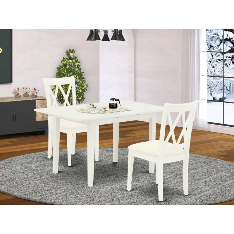 Ensemble de table de salle à manger 3 pièces à plateau rectangulaire en bois massif avec finition papillon, Blanc