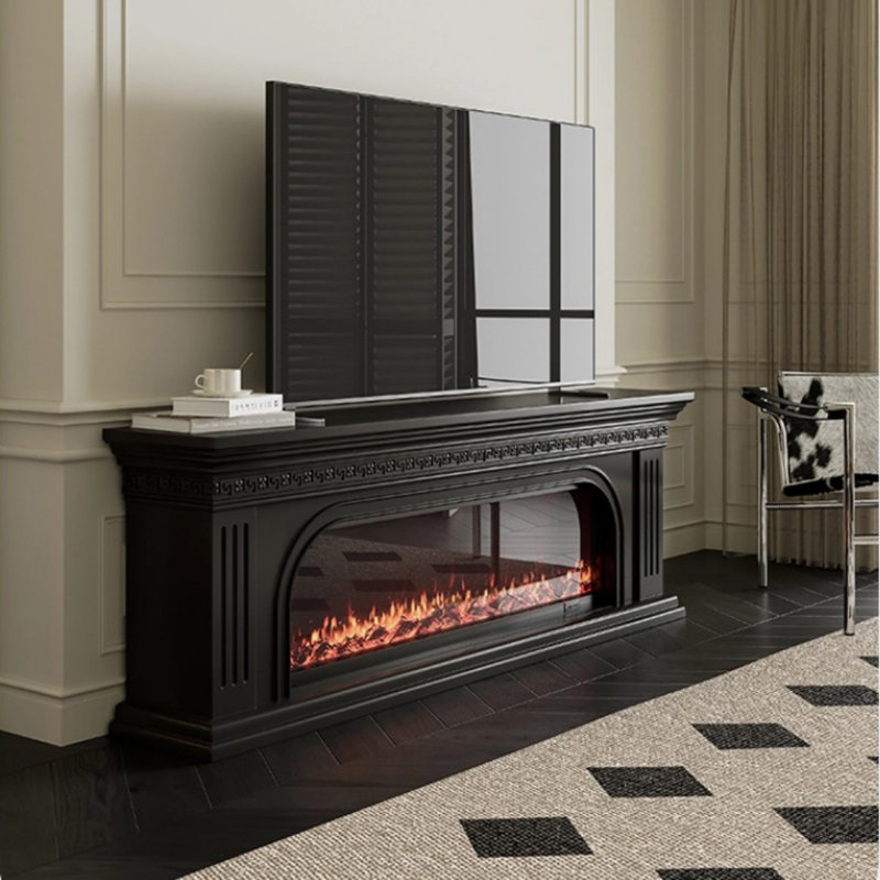 French Vintage Fireplace TV Cabinet, Black