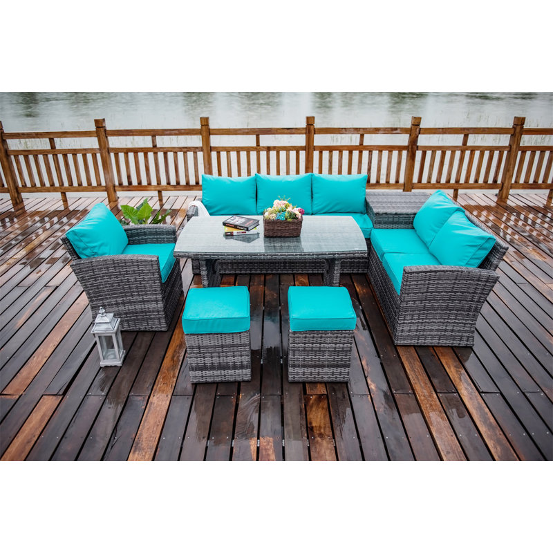 Wicker 4 - Person Patio Conversation Set with Cushions, Cyan, Gray
