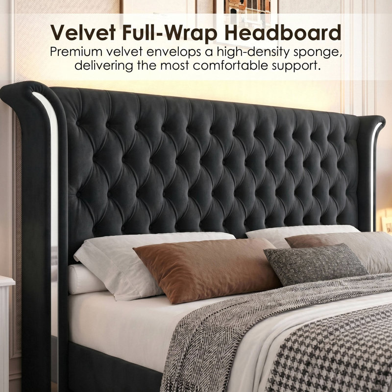 Ellaville Velvet Upholstered Platform Bed with Wingback Headboard and LED Wall Washer Lighting – Smart RGB Lighting via Remote & App