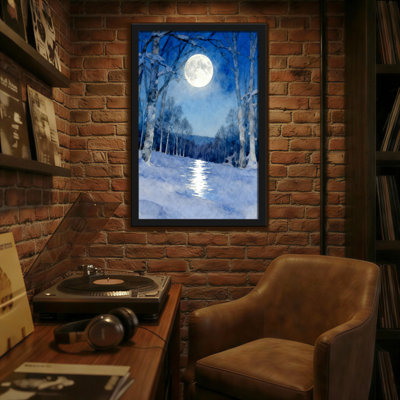Animaux, clair de lune, forêt d'hiver, chemin enneigé, arbres, réflexion, ciel nocturne