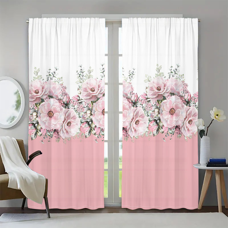 2Pcs Elegant Floral Print Curtains Rod Pocket Rose Pattern Window Treatments Light Filtering Polyester for Living Room Bedroom Dining Home Decor