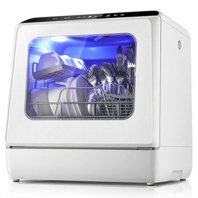 Portable Countertop Dishwasher, 5+1 Programs, 1-6H Delay Start, 60-Min Hot Air Drying, 72H Fresh Air Ventilation, 5L Water Tank or Faucet Connection, Baby Care & Fruit Cycles, 3-Place Setting for 2-3 People