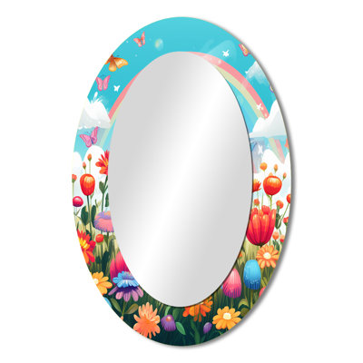 Purple Butterfles Idyllic Rainbow Flowerfield - Multi-Color Oval Wall Mirror Decor