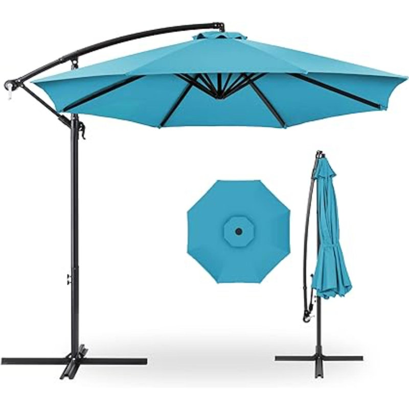 Parasol de marché suspendu 10 pi avec ajustement facile de l'inclinaison, abat-jour en polyester, 8 nervures pour la cour, la piscine, la pelouse et le jardin