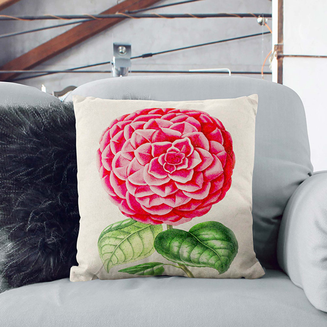 Bright Pink Camellia Flower Illustration Cushion with Filling