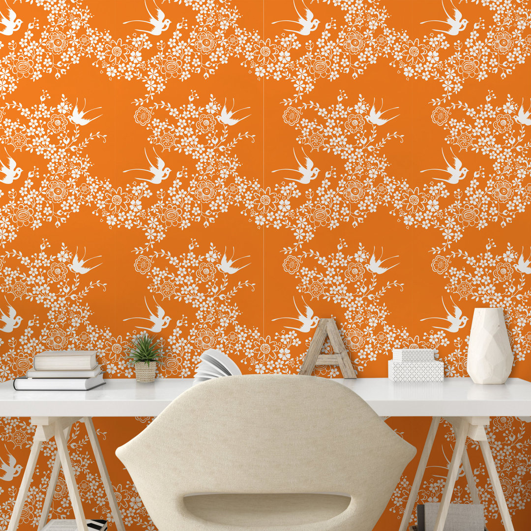 Abzieh- und Klebetapete, Japanische Baum-Vogel-Kunst, Orange, Marigold Weiß