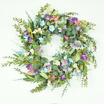 24" Artificial Farmhouse Spring Summer Blossom Cluster Greenery Eucalyptus Wildflower Pansy Front Door Wreath