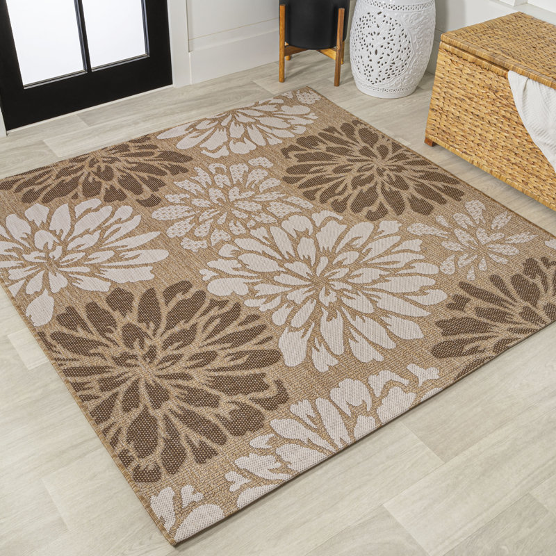 Zinnia Modern Floral Textured Weave Brown/Cream Indoor/Outdoor Rug, Square 3'11"