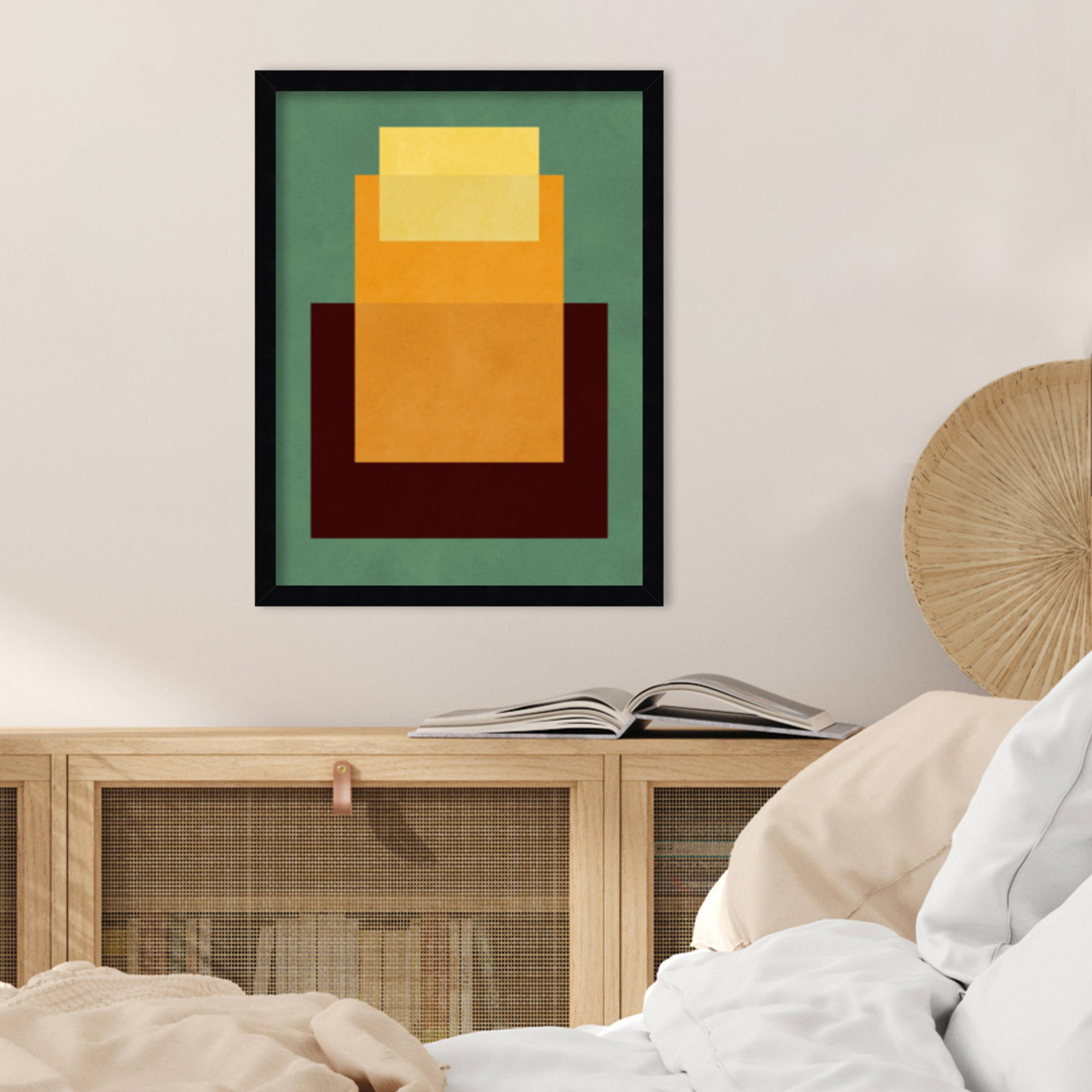 Overlapping geometry 10 by Norvin Wood Framed Wall Art Print, 21" H x 16" W, Green/Orange, Black