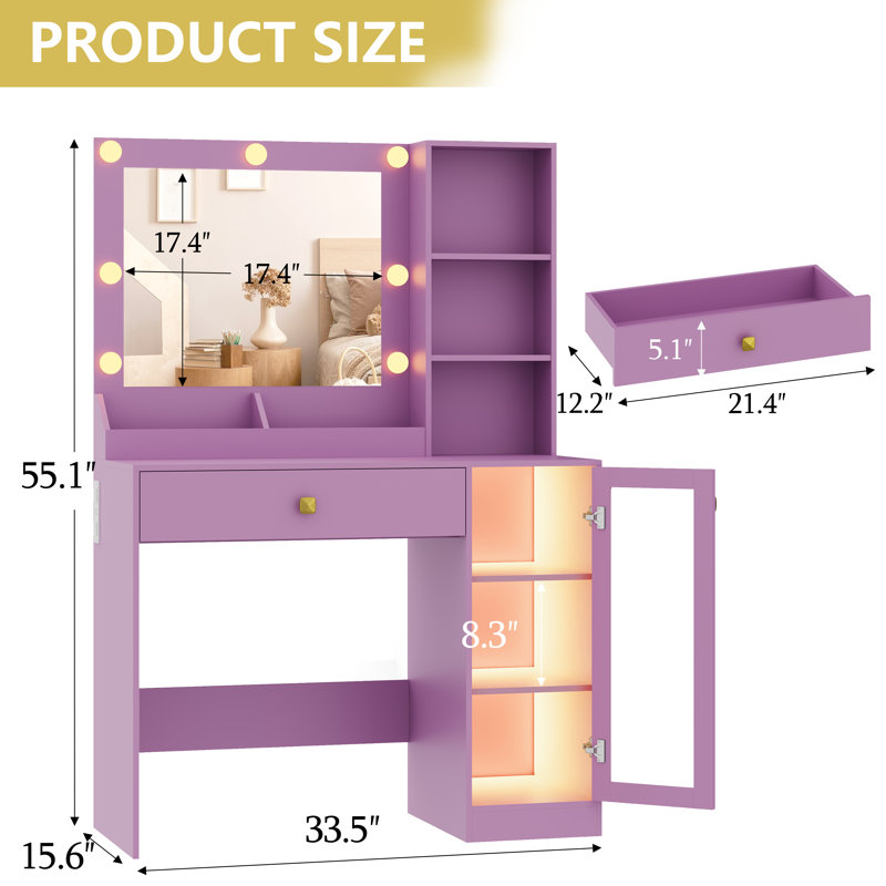 Small Makeup Vanity Table With Mirror And Lights, Violet